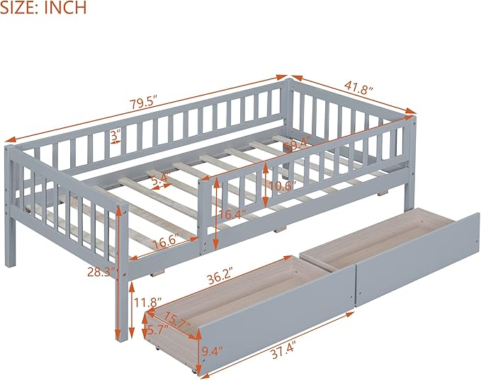 Bellemave Twin Bed Frames with Rails for Kids, Twin daybed Frame with Drawers for Boys/Girls/Adults，Gray