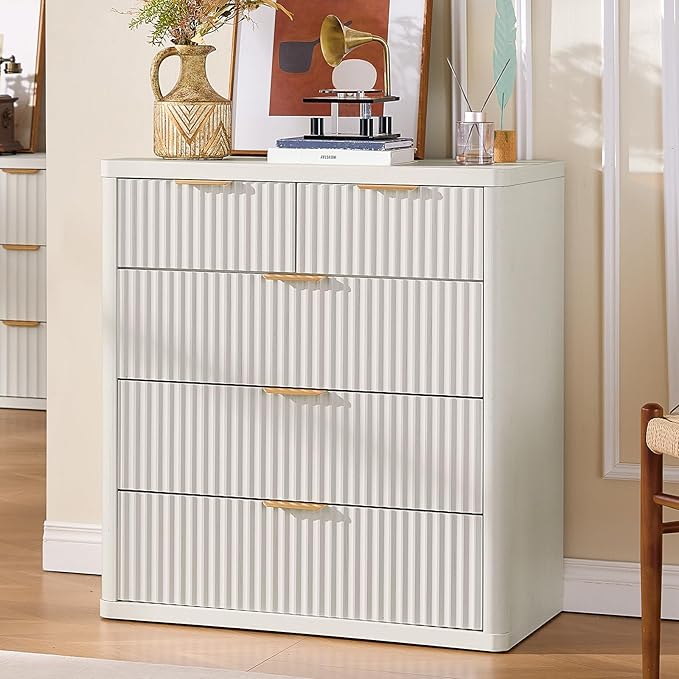LEYAOYAO Fluted 5 Drawers Dresser for Bedroom Set of 2, 34" Tall Modern Chest of Drawers with Metal Handle, Curved Profile Design,White Wood Drawer Organizer for Bedroom, Living Room, Hallway