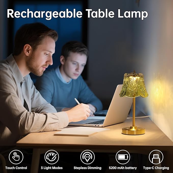 Small Table Lamp with 5200mAh Battery & Touch Control - 3 Adjustable Color Temperatures, Dimmable Rechargeable Table Lamps for Living Room, Bedroom, Bedside (Green Rose)