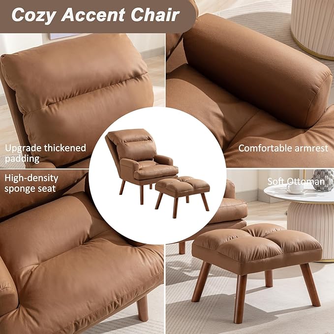 INZOY Accent Chairs with Ottoman, Velvet Fabric Armchair with Ottoman for Bedroom Living Room, Mid Century Modern Chair with Adjustable Backrest and Side Pockets, Camel