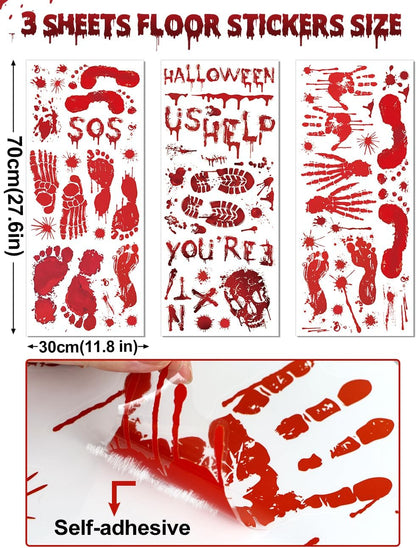 Wohohoho 11 Sheets/202 Pcs Bloody Halloween Decorations Set. 2 Giant Spooky Door Cover, 6 Sheets Horror Window Clings, 3 Sheets Scary Floor Stickers, Halloween Party Wall Decal Bedroom Inside Decor