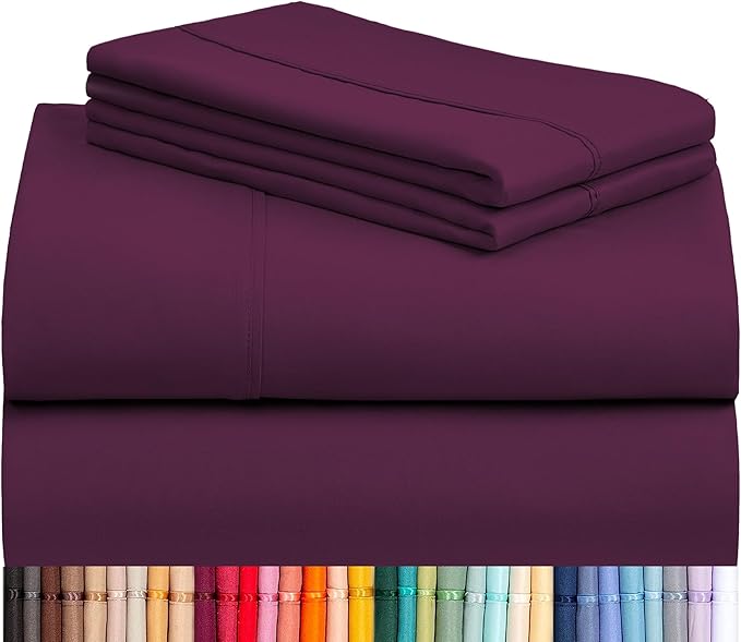LuxClub 4 PC Queen Sheet Set, Deep Pockets Wrinkle Free Cooling Bed Sheets Hotel Bedding for Women, Men, Includes 1 Fitted Sheet, 1 Flat Sheet and 2 Pillowcases-Silky Soft Eggplant