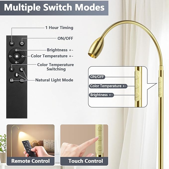 Reading Floor Lamp, 72" Tall LED Lamp with Flexible Gooseneck, Dimmable Zoomable Spotlight, Adjustable Color Beam Standing Lamp, Touch & Remote Control, Task Craft Bedroom Living Room (Light Gold)
