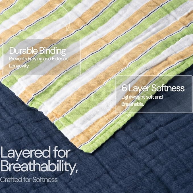 Salt Earth 100% Cotton Muslin Throw Blanket, Gauze Blanket 50"X60" Throw 6 Layered for Couch, Bed, Living Room, Home,Lightweight & All Season Blankets & Throws, Skin Friendly (Dress Blue/Print)