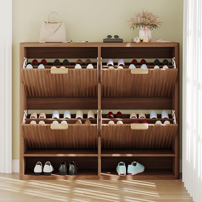 Fluted Shoe Cabinet Storage with 4 Flip Drawers, Narrow Shoe Storage Organizer for Entryway, Hidden Slim Wooden Shoe Rack Cabinet for Front Door Entrance, Hallway, Living Room (4-Drawer, Walnut)