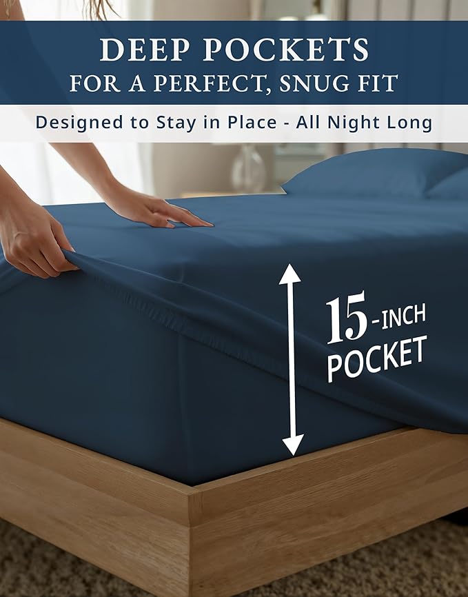 LANE LINEN 100% Cotton Cal King Sheet Set - 1000 Thread Count, 15" Deep Pocket Fully Elasticized French Reinforced Pocket Seams for Soft, Comfy & Fresh Bed Eco Friendly Cooling Sheets - Estate Blue