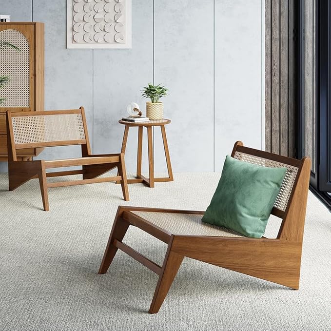 homary Mid Century Modern Chair Japandi Walnut Rattan and Wood Lounge Chairs Armless Accent Chair for Living Room Bedroom Balcony & Patio