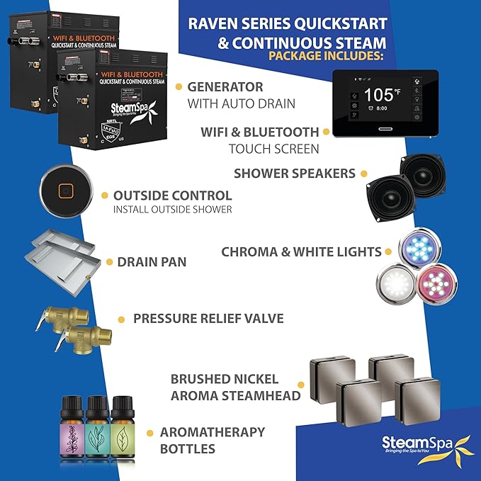 SteamSpa Steam System 24kW Steam Shower Generator with Bluetooth Wifi, Quickstart Continous Steam, Advanced Touch Pad Screen, Chroma Lights, Drain Pan and Auto Drain Brushed Nickel RVBS2400BN-A