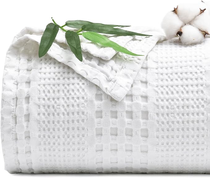 PHF Cooling Waffle Blanket Twin Size, Lightweight 60% Rayon Derived Bamboo & 40% Cotton Breathable Blanket for Hot Sleepers, Soft and Luxury for Bed Couch and Sofa, 66"x90", White