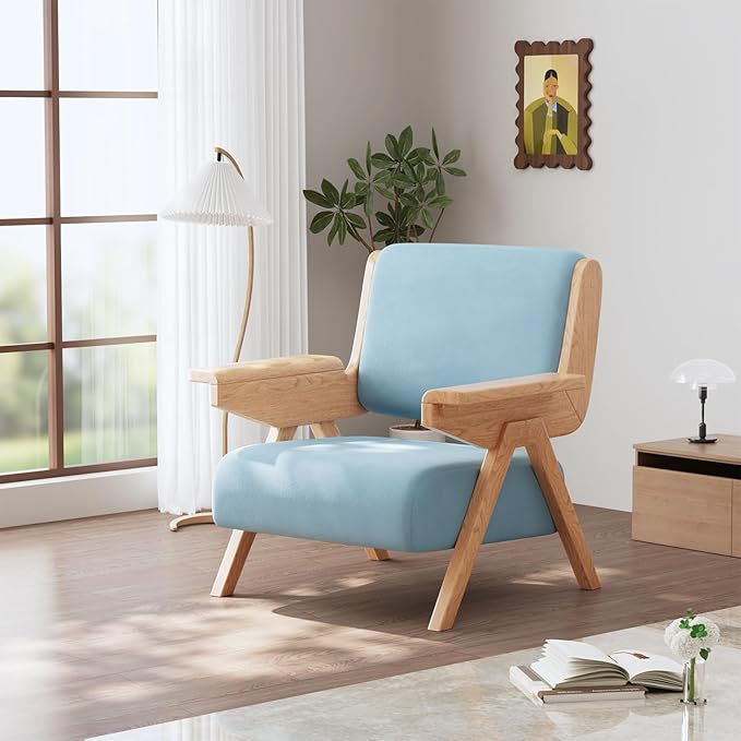 Accent Chair Mid Century Modern Chair, Velvet Upholstered Lounge Arm Chair with Solid Wood, Cozy Reading Chair for Living Room, Bedroom, Balcony (Blue)
