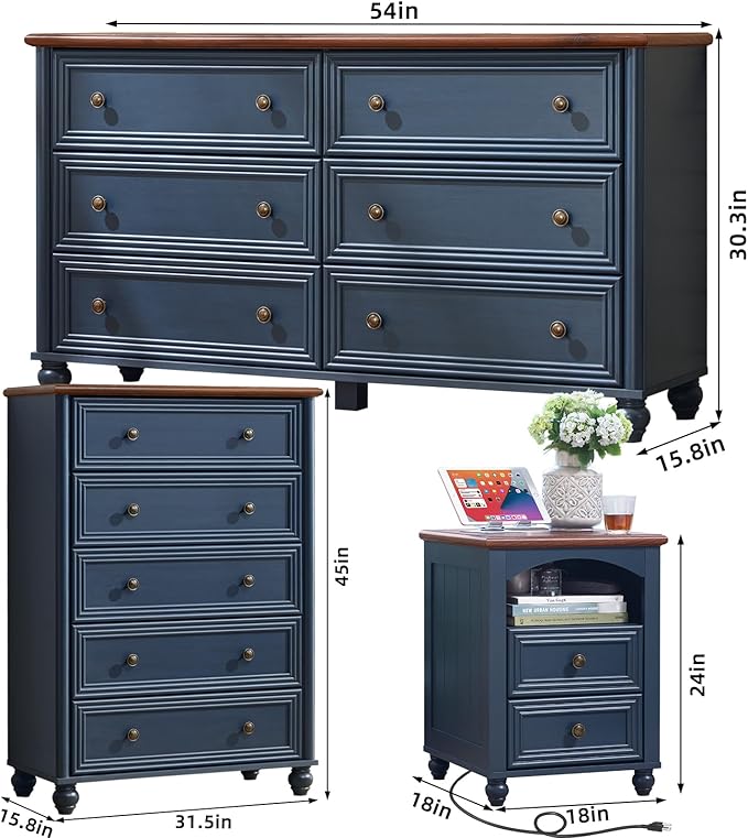 Farmhouse Dressers & Night Stand Set of 4, Wood 54" Wide 6 Drawer Dresser & 45" Tall Chest of Drawers, 18" Roman Column Nightstand Set of 2, Bedroom Furniture Dresser Sets for Home Living Room Hallway