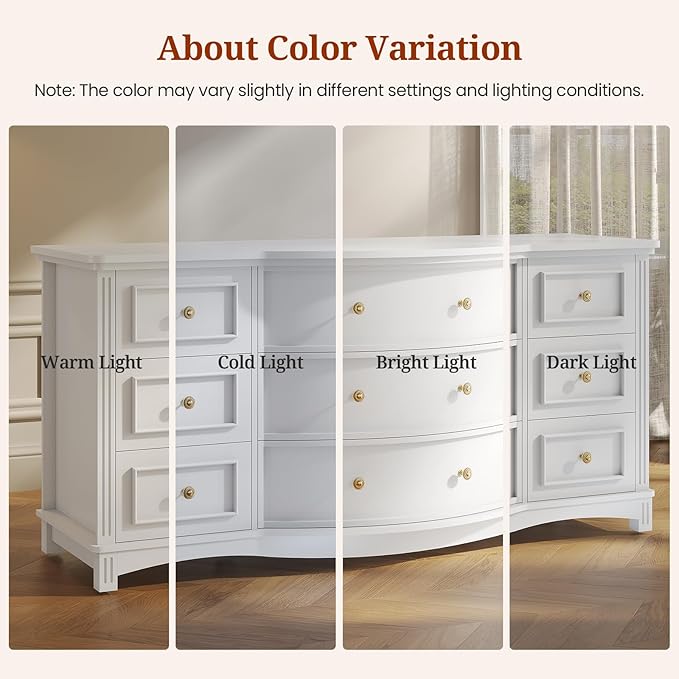 9-Drawer Chest, Wide Dresser with 3 Large Arc Fronts,Roman Column Decor, Spacious Bedroom Storage Furniture, 55 Inch Long (White, 9 Drawer)