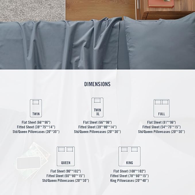 IZOD 100% Egyptian Cotton Sheets Set Twin Size, Cotton Percale Crisp Sheet Set 3Pc, Lightweight & Deep Pocket fits Upto 17", Long-Staple Soft Combed, Hotel Style Luxury Bedding Sheet - Blue Slate