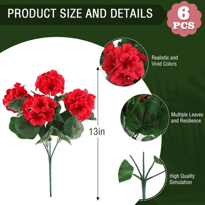 Hananona 6 Bundles Artificial Geranium Flowers for Outdoors Silk Geranium Flowers Outdoor UV Resistant Garden Plants Faux Flower for Home Kitchen Table Centerpieces Decor (6, Red)