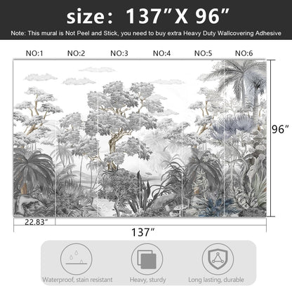 -Tropical Rainforest Botanical Grey Jungle Forest Fabric Wallpaper Living Room Palm Leaf Plant Bedroom Bathroom Large Wall Mural- 137"x96"（ not Peel and Stick）