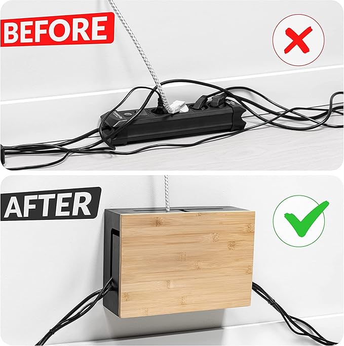 Bamboo Cable Management Box with Magnetic Lid - 12,6x7,9x4.3 in - Durable Cable Organizer to Hide Cords & Power Strip - Wall Mountable - Including Hardware - for Home, Office, Desk & More (White)