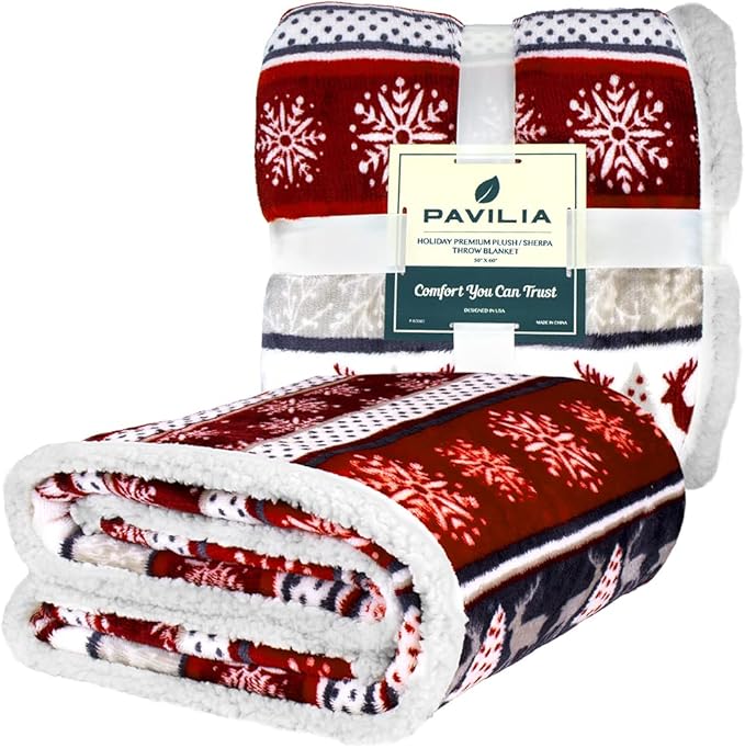 PAVILIA Christmas Sherpa Throw Blanket, Red & White Snowflake, Reindeer, Reversible Fleece & Sherpa Cozy Winter Blanket for Couch & Bed, 50x60, Christmas & Holiday Decor