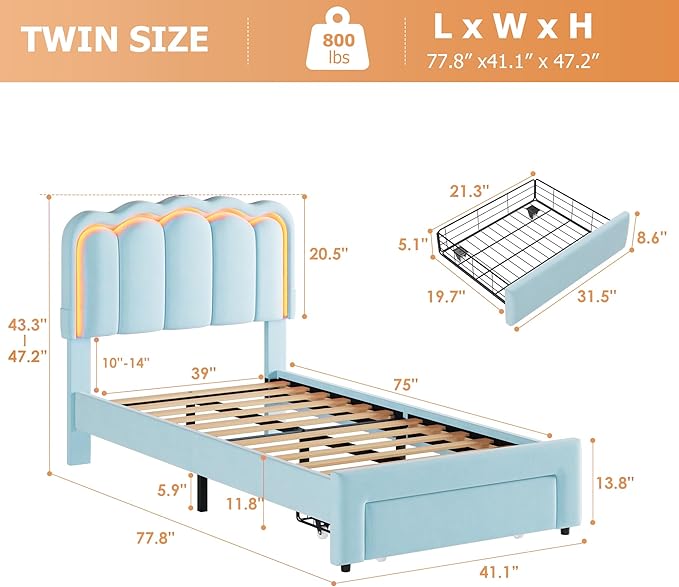 Velvet Upholstered Twin LED Bed Frame with Storage Drawer and Adjustable Double Wavy Headboard, Princess Platform Bed for Kids/Girls/Boys, Solid Wood Slats Support,No Box Spring Needed,Blue