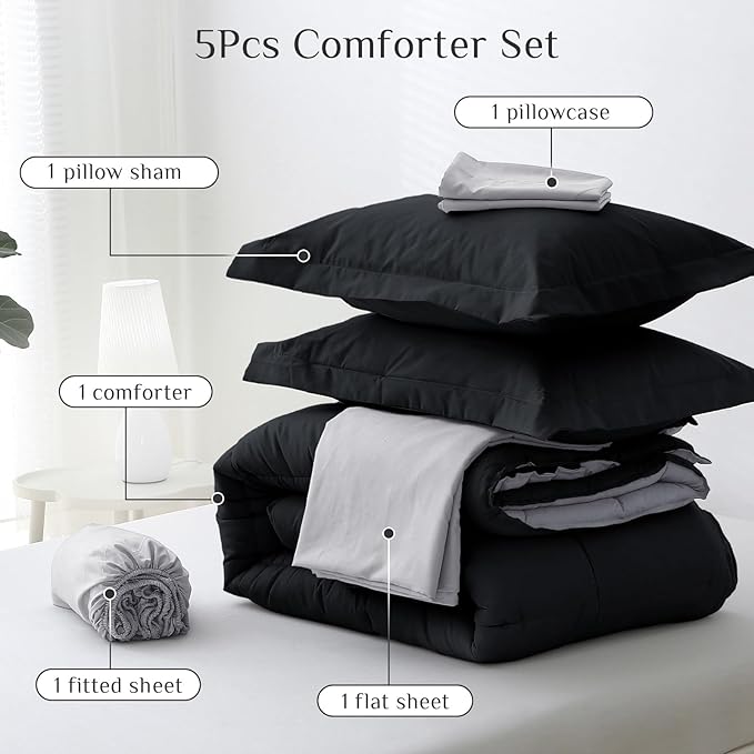 JOLLYVOGUE Twin Comforter Set, Ultra-Soft Bed in a Bag Twin Size 5 Pieces, Oeko-TEX Certified Bedding Set with Down Alternative Comforter, Sheets, Pillowcases & Shams, Black & Light Grey