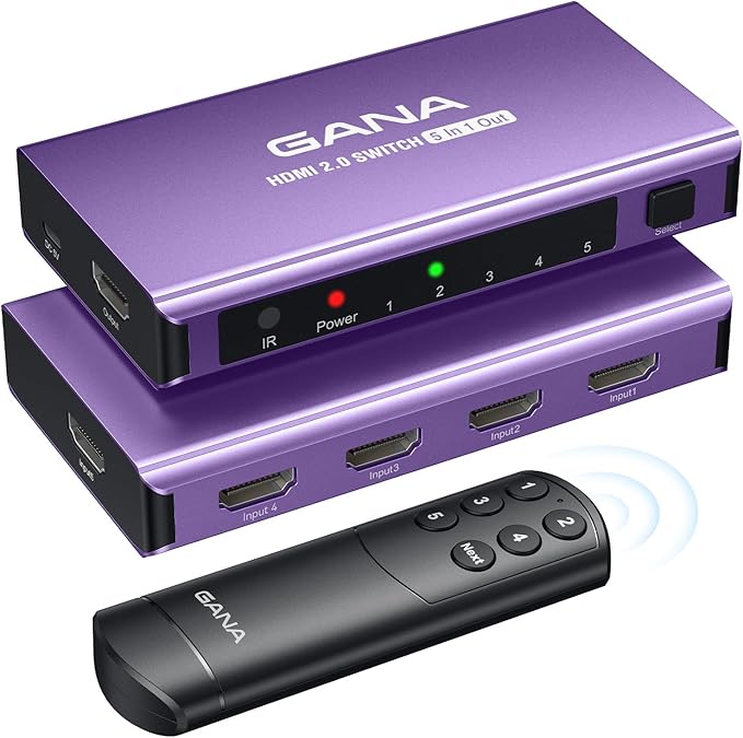 HDMI Switch 5 in 1 Out 4K@60Hz, GANA HDMI Splitter Switcher with Remote, Aluminum HDMI 2.0 Switch Box Hub for 3D, HDCP2.2, HDR, Compatible with Xbox, PS5/4/3,Fire Stick,Roku,Blu-Ray Player, Purple