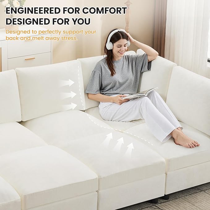 89'' Modular Sectional Cloud Sofa Bed, 6-Seater Convertible Sofa Couch with Ottoman, Modern Deep Seat Sleeper Sofa for Living Room, Chenille Beige
