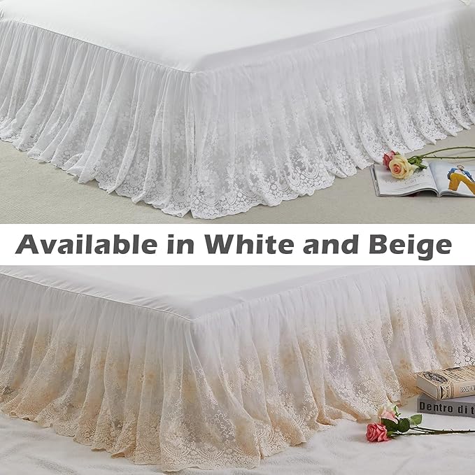 Brandream Luxury White Lace Bed Skirt King Size 18 Inch Drop Split Corners Romantic Bed Cover Dust Ruffle Bed Skirts