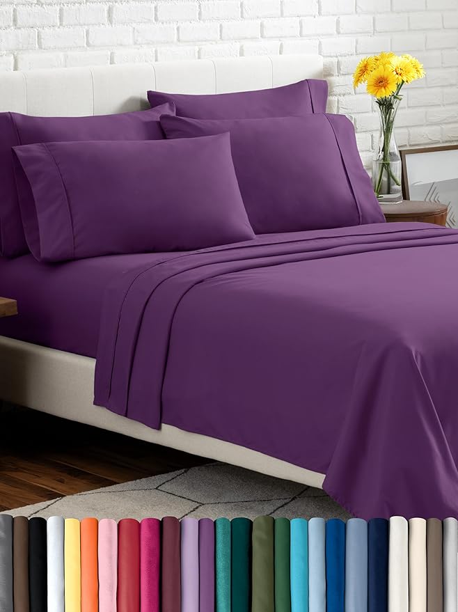 Bare Home Hotel Luxury Queen Sheet Set, Extra Soft - 6 Piece Set - Deep Pockets - Easy Fit - Cooling & Breathable - Wrinkle, Fade, Stain Resistant - Includes 4 Pillowcases (Queen, Plum)