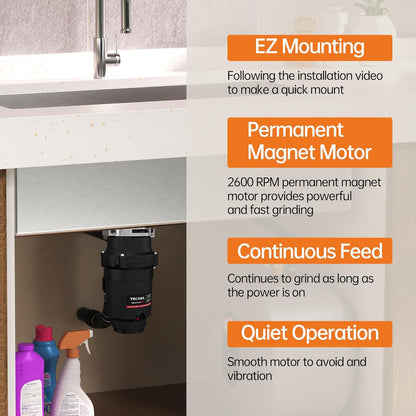 1/2 HP Garbage Disposals, TECASA Continuous Feed, Stainless Steel Food Waste Grinding System for Kitchen Sink Food Waste, Power Cord Included, Black - HyperCrush 50