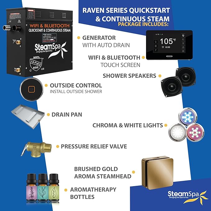 SteamSpa Steam System 7.5kW Steam Shower Generator with Bluetooth Wifi, Quickstart Continous Steam, Advanced Touch Pad Screen, Chroma Lights, Drain Pan and Auto Drain Gold RVBS750GD-A