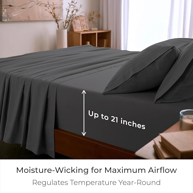 Mellanni Queen Sheet Set - 6-Piece Iconic Collection Bedding, (Including 4 Pillowcases), 21-Inch Extra Deep Pocket, Easy Care, Ultra Soft, Cooling Sheets, Brushed Microfiber - Gray