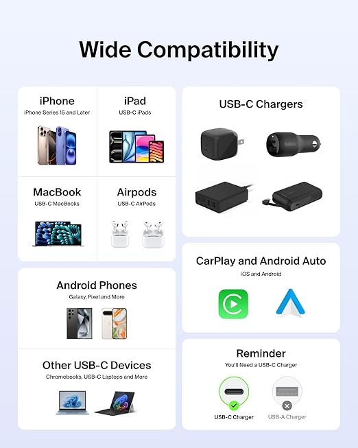 Belkin USB C to USB C Cable 2-Pack, 3.3ft, 60W - Type C Charger, iPhone Charger Cord, Soft, Braided, Flexible for iPhone 16, Galaxy S25, Pixel 9, Airpods, iPad Pro & More, Travel Essentials - Blue