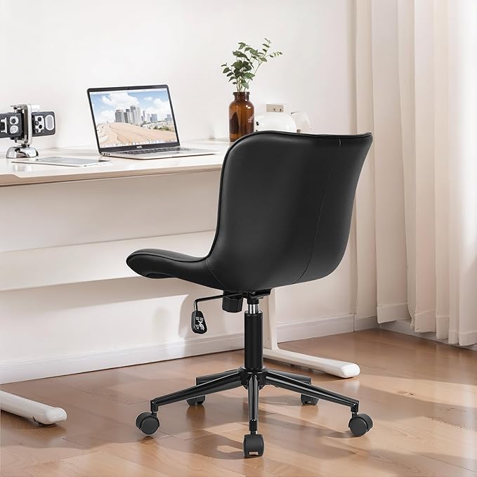 VECELO Mid-Back Desk Chair with Adjustable Height, PU Leather Makeup Vanity Chair with Wheels, Armless Space-Saving Task Chair, for Home Office, Black