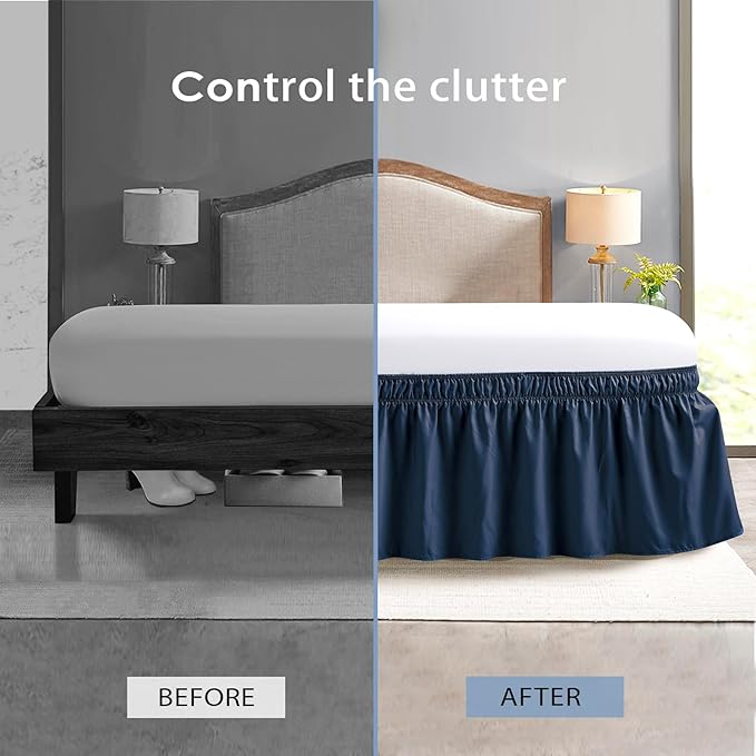 FreshCulture Full Bed Skirt, Elastic Wrap Around Bed Skirt Full Bed, Easy Fit with 18-Inch Tailored Drop, Hotel Quality Dust Ruffle for Full Size Bed, Bed Skirt Full Size (Navy Blue)