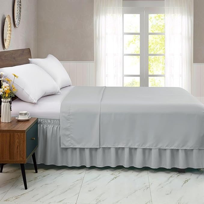 FreshCulture Twin Bed Skirt - Elastic Wrap, Easy Fit with 15-Inch Drop, Hotel Quality - Light Grey