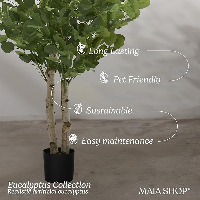 Maia Shop 5ft 11in Artificial Eucalyptus Tree Plant for House, Apartment or Office – Realistic Fake Indoor Plants for Living Room, Kitchen, Bedroom, Entryway or Bathroom – Faux Greenery for Home Décor