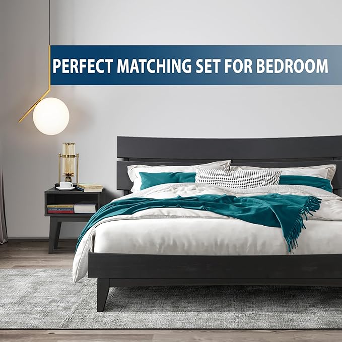 Acacia Aurora King Solid Wood Bed Frame with Headboard – Gift Matching Nightstand Included, Mid-Century Modern Farmhouse, Black Ristretto, 800 lbs Capacity, Sturdy, No Box Spring, Easy Assembly