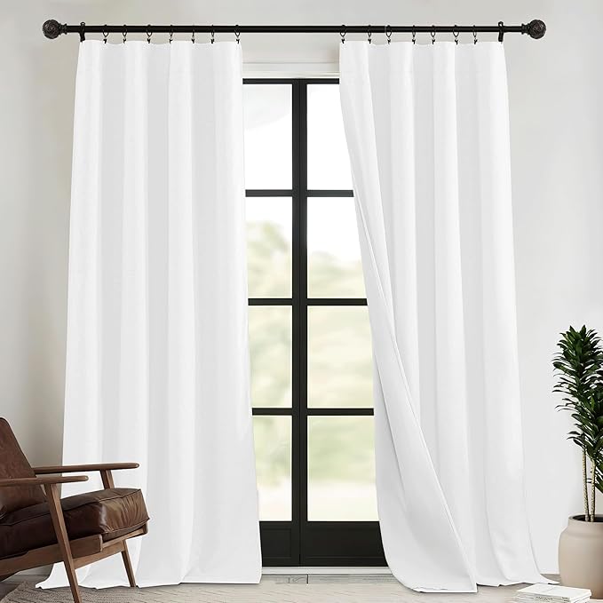 RYB HOME 4 in 1 Set Dust Filter - Soundproof - Blackout - Insulating, Energy Efficiency Linen Curtains for Kids Bedroom Living Room Divider Apartment Hotel Office Theatre, White, W 52 x L 108, 2 Pcs