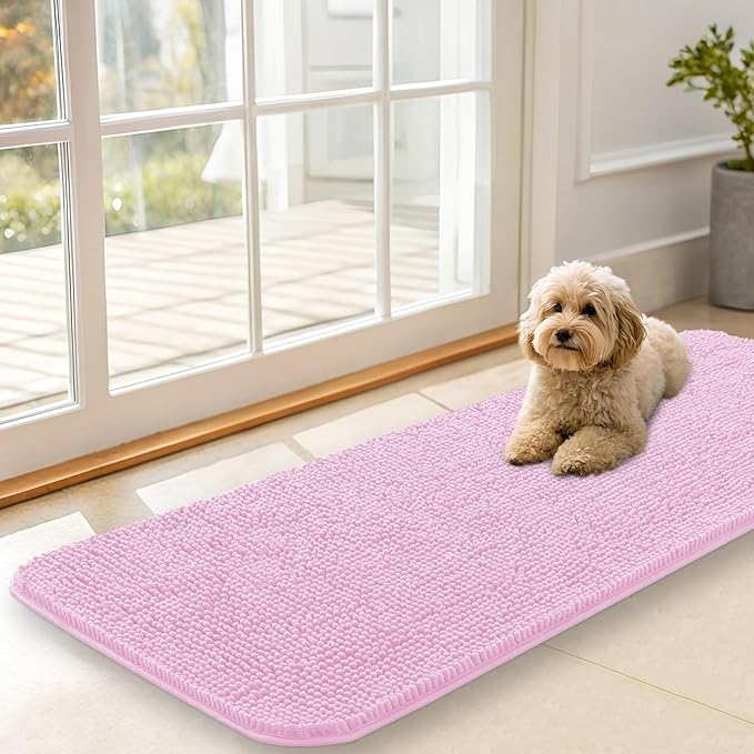 OLANLY Dog Door Mat for Muddy Paws 47x17, Absorbs Moisture and Dirt, Absorbent Non-Slip Washable Doormat, Quick Dry Chenille Mud Mat for Dogs, Entry Indoor Entryway Carpet for Inside Floor, Pink