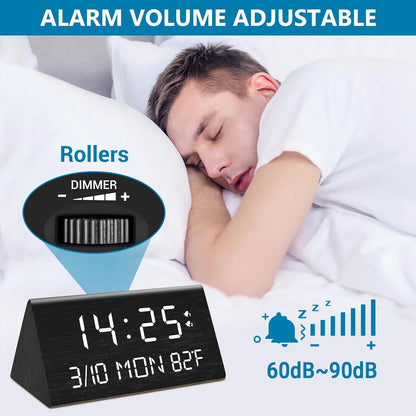 Kogonee Wooden Digital Alarm Clock, 0-100% Dimmer, 2 Alarm Settings, Weekday/Everyday Mode, 9 Mins Snooze, 12/24H, Temperature and Date Display for Office, Travel, Bedroom Alarm Clock (Black)