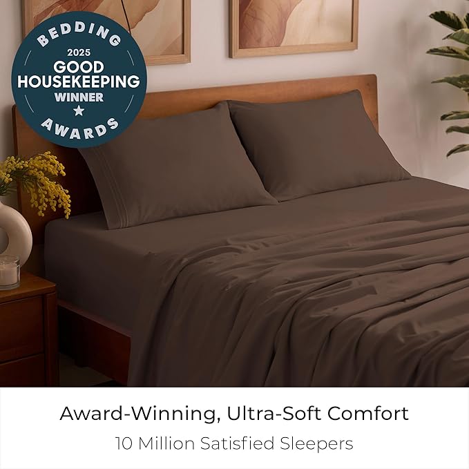 Mellanni Twin Sheet Set - 4-Piece Iconic Collection Bedding, (Including 2 Pillowcases), 16-Inch Deep Pocket, Easy Care, Extra Soft, Cooling Sheets, Brushed Microfiber - Brown