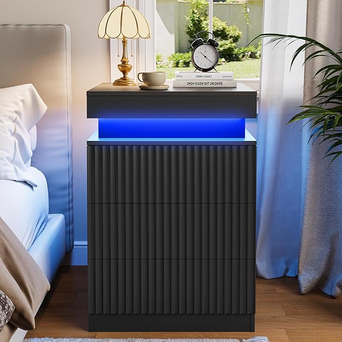 Nightstand with Charging Station & LED Lights, Modern Small Fluted Bedside & End Table with 3 Drawers, Sliding Top & Hidden Storage, Wooden Farmhouse Night Stand for Bedroom Office or Sofa, Black