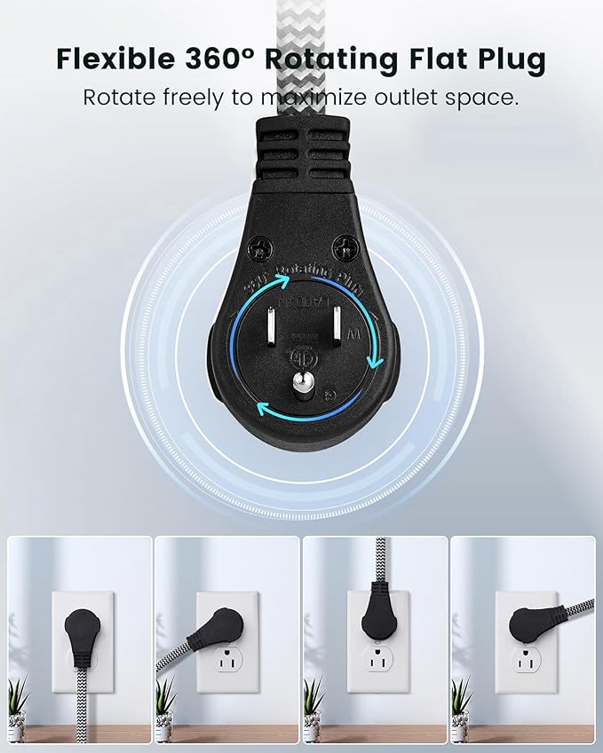 SURAIELEC 1FT 360° Rotating Flat Plug Extension Cord Flat Wall Plug with 3 Outlets, Braided Flat Black Extension Cord for Indoor Use, Small Space, 16/3C SPT, ETL Listed, 2 Pack