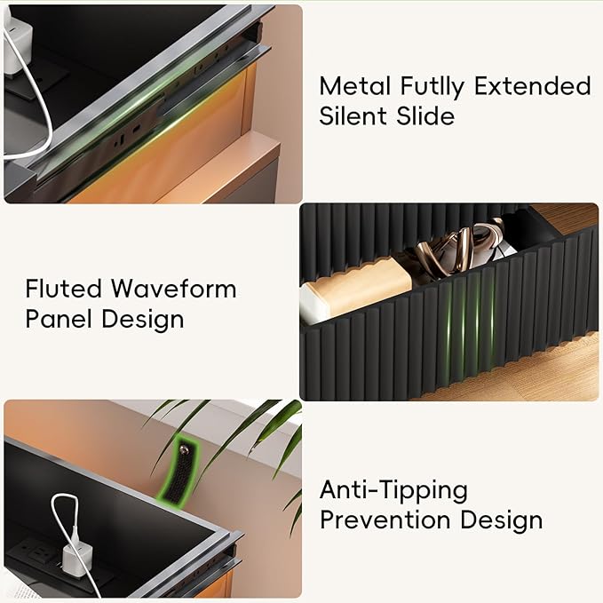 Nightstands Set of 2 with Charging Station & LED Lights, Modern Small Fluted Bedside & End Tables with 3 Drawers, Sliding Top & Hidden Storage, Wooden Farmhouse Night Stand for Bedroom Office, Black