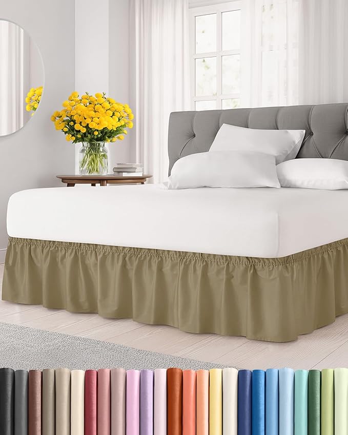 Wrap Around Dust Ruffle Bed Skirt - Khaki - for King Size Beds w/ 15 Inch Drop - Easy Fit Elastic Strap - Adjustable Pleated Bedskirt w/Brushed Fabric - Wrinkle Free - for Women, Men, Kids & Teens