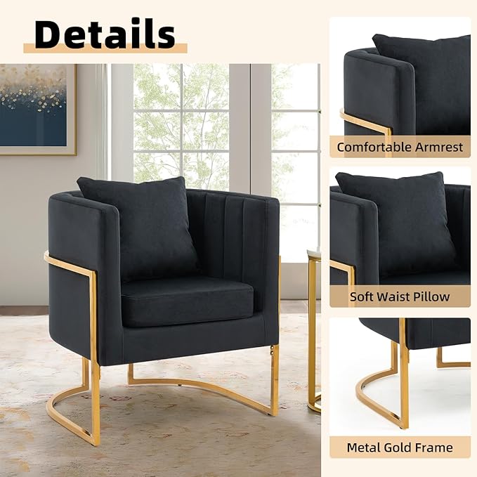 Velvet Modern Accent Chair, Upholstered Barrel Armchair Mid Century with Pillow for Living Room, Comfy Single Vanity Chair with Metal Gold Legs for Bedroom, Black