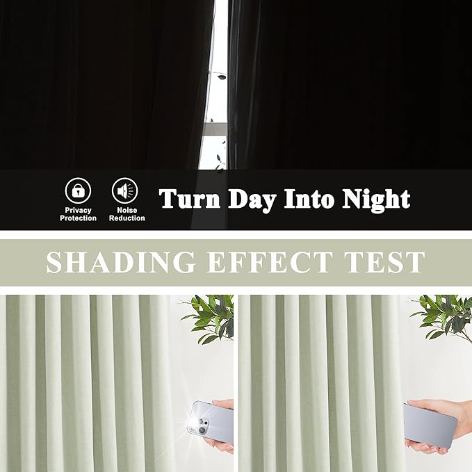 Vision Home Green Linen Full Blackout Curtains 108 inch for Bedroom Living Room Darkening Soundproof Window Panels 9FT Thermal Insulated Rod Pocket Back Tab Farmhouse Drapes 56" Wx108 Lx2