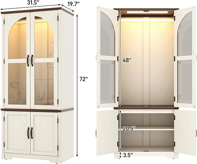 Tall Farmhouse 2 Doors Armoire Wardrobe Closet with LED ,72" Freestanding Arched Wardrobe Closet Cabinet for Bedroom w Glass Doors,Wooden Clothing Storage Cabinet,Closets for Bedroom(White)