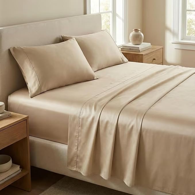 Beckham Hotel Collection Queen Sheet Set 100% Cotton, 500TC Luxury Sateen Bedding, 16” Deep Pocket, Moisture-Wicking, 4-Piece, Sand