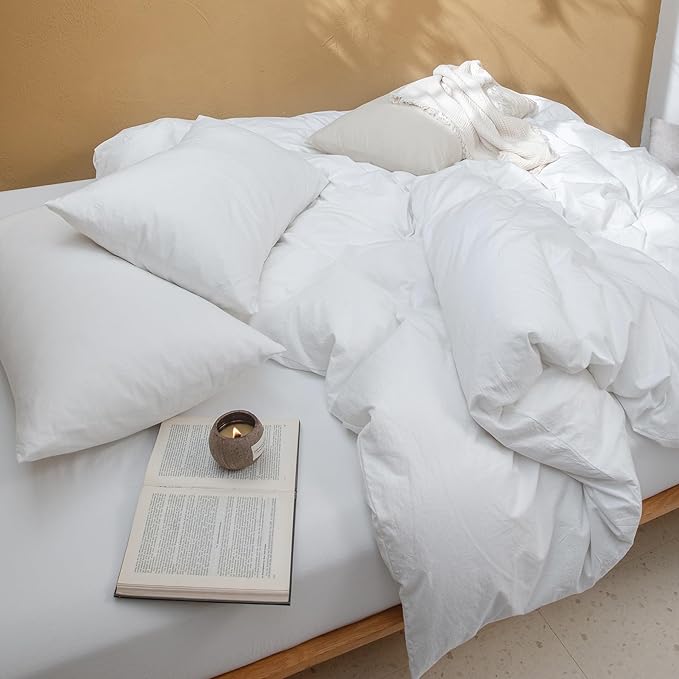 FOSSA Duvet Cover Set 100% Washed Cotton Linen Feel Super Soft Breathable Cozy Simple Style 3 Pieces Bedding Sets Solid Bright White Twin/Twin XL