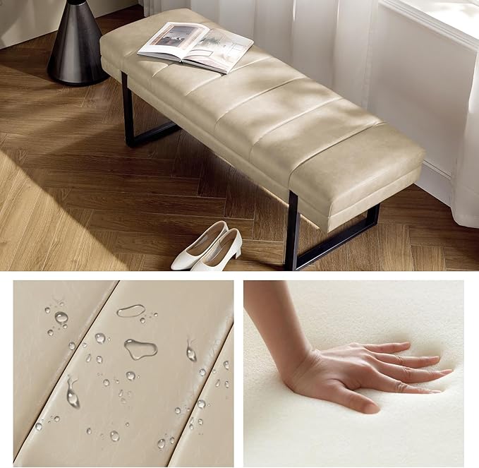 HULALA HOME 53" Faux Leather Entryway Bench, Button Tufted End of Bed Bench Ottoman for Bedroom, Living Room with Metal Base,Beige